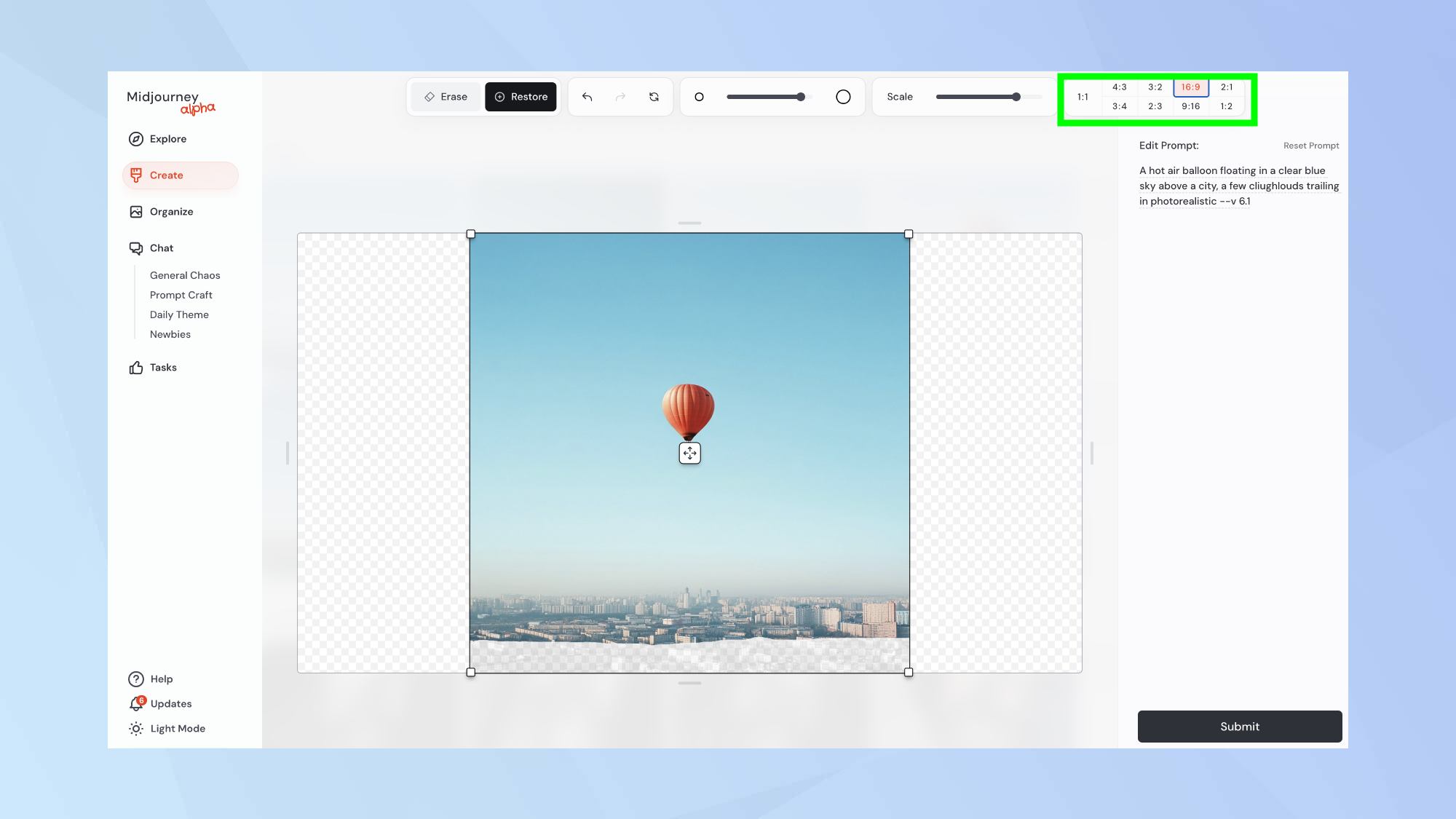 Midjourney Editor changes the aspect ratio