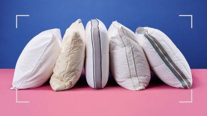 Line up of pillows for testing to show how we test pillows