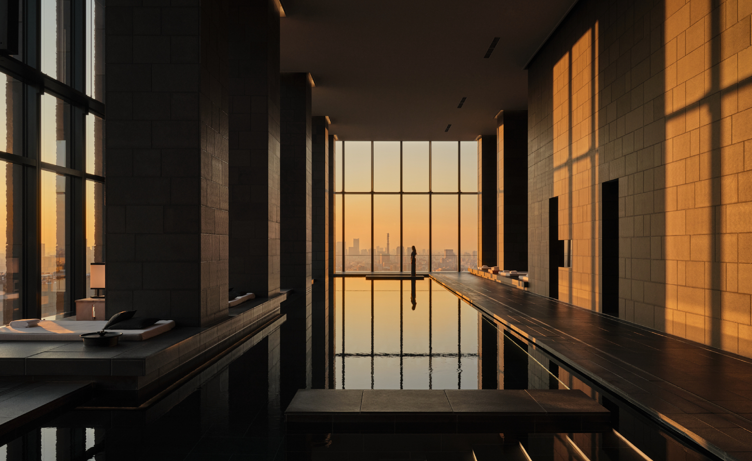 view of a serene hotel in tokyo, adorned with wooden furnishing, washi paper and natural stone touches