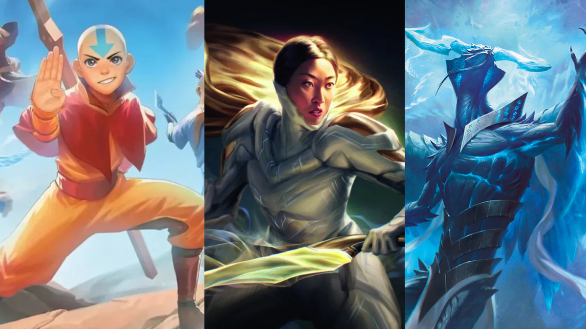 Aang from MTG Avatar The Last Airbender, Cosmogrand Zenith from MTG Edge of Eternities, and Ugin from MTG Tarkir: Dragonstorm