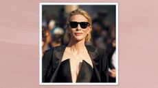 Cate Blanchett is pictured with a short, tousled bob and wearing black sunglasses whilst attending the Giorgio Armani Prive Haute Couture Fall/Winter 2024-2025 show as part of Paris Fashion Week on June 25, 2024 in Paris, France/ in a pink template