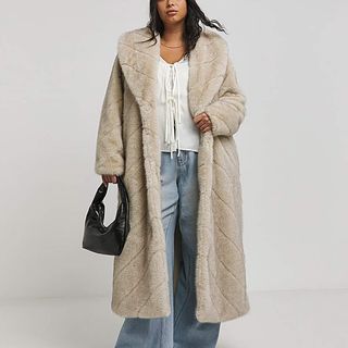 Cream Chevron Pelted Faux Fur Maxi Coat