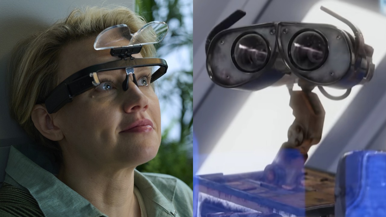 Coakley (Kate McKinnon) looks up in In the Blink of an Eye, while WALL-E watches EVE.