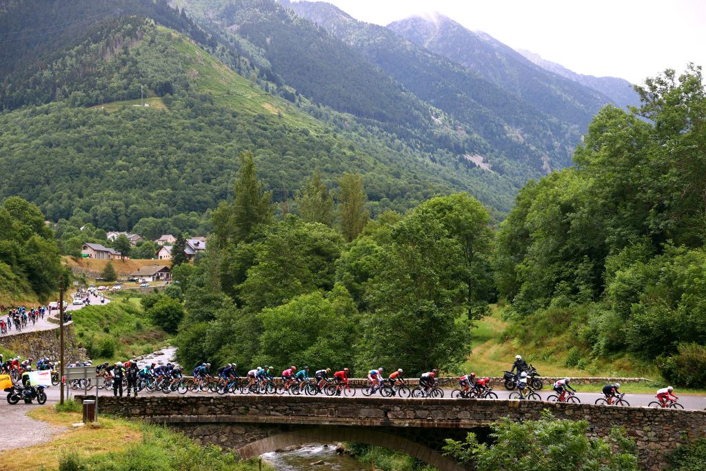 SAINTGAUDENS FRANCE JULY 13 Simon Geschke of Germany and Team Cofidis The peloton during the 108th Tour de France 2021 Stage 16 a 169km stage from Pas de la Casa to SaintGaudens Landscape LeTour TDF2021 on July 13 2021 in SaintGaudens France Photo by Michael SteeleGetty Images