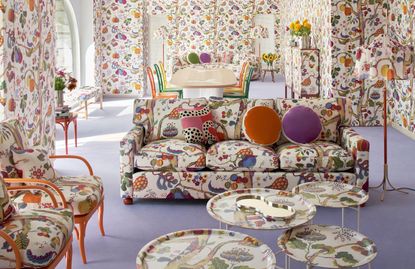 A room with very colorful walls and furniture