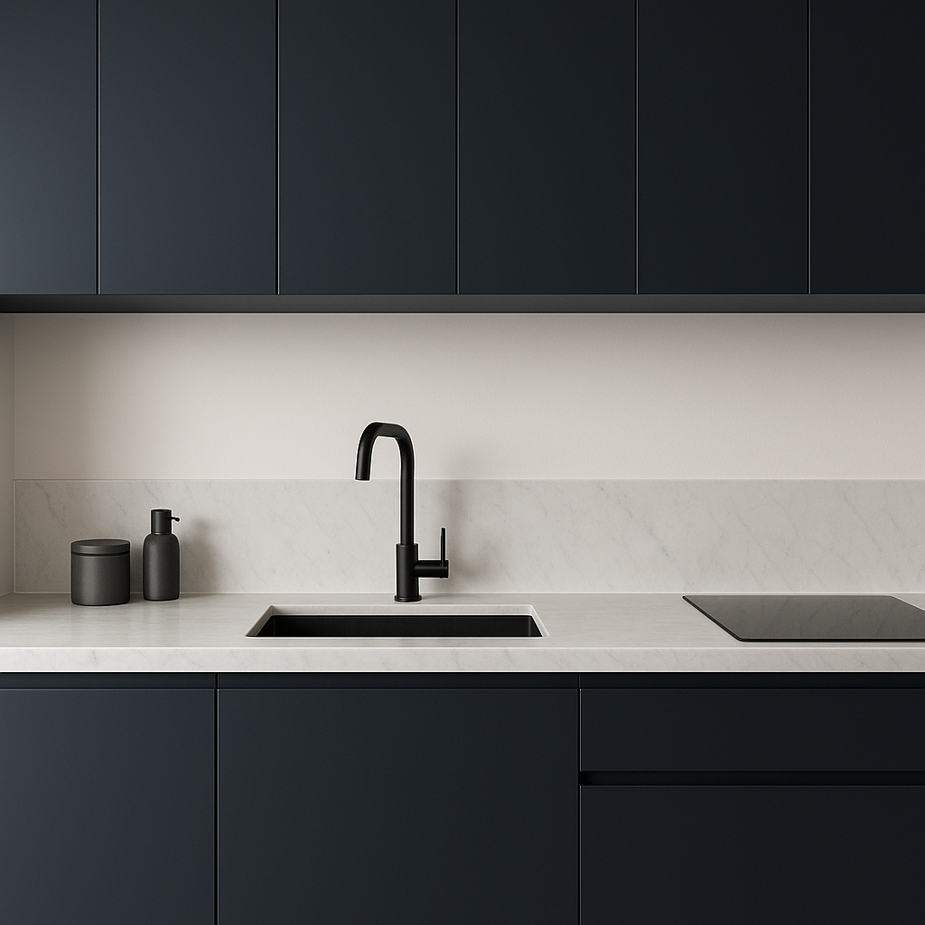 A kitchen in all black, without handle handles or knobs on the cabients
