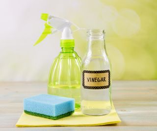 A homemade cleaning solution containing vinegar in a spray bottle next to a sponge scourer and cloth