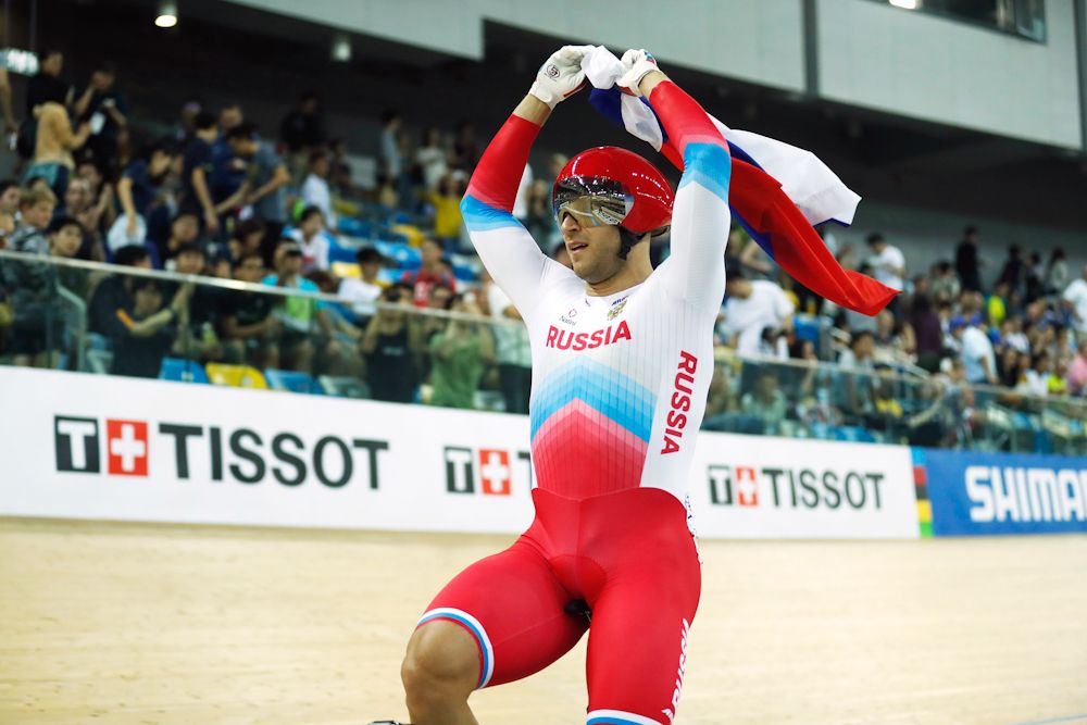 Denis Dmitriev (Russia) celebrates his win in the men's sprint at the 2017 UCI Track Worlds