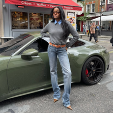 woman wearing best fall denim outfit october 2025