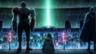 Sci-fi space commandos look out over a lunar city