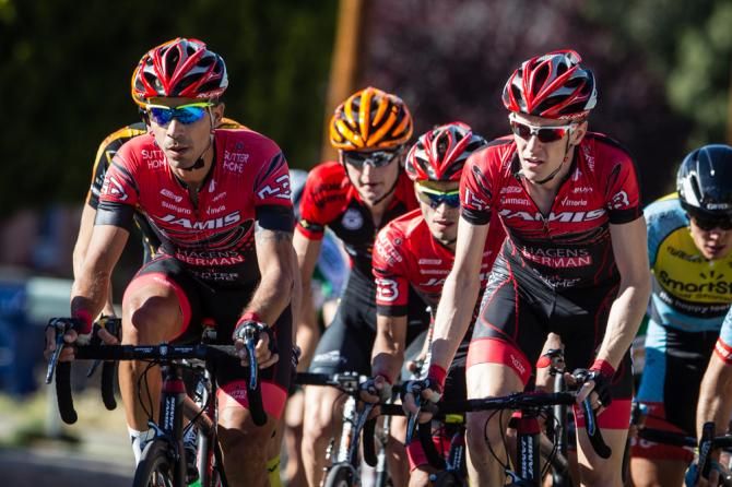 Luis Amaran (Jamis) rides with teammates before taking the stage win.