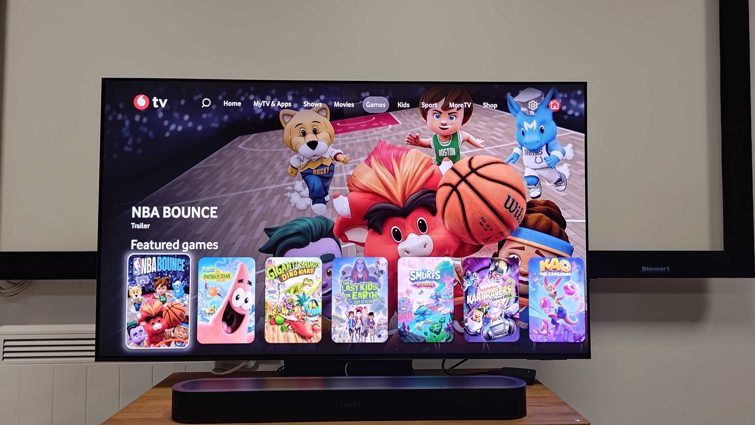 A picture of the Vodafone TV game homepage, with a featured image of NBA Bounce