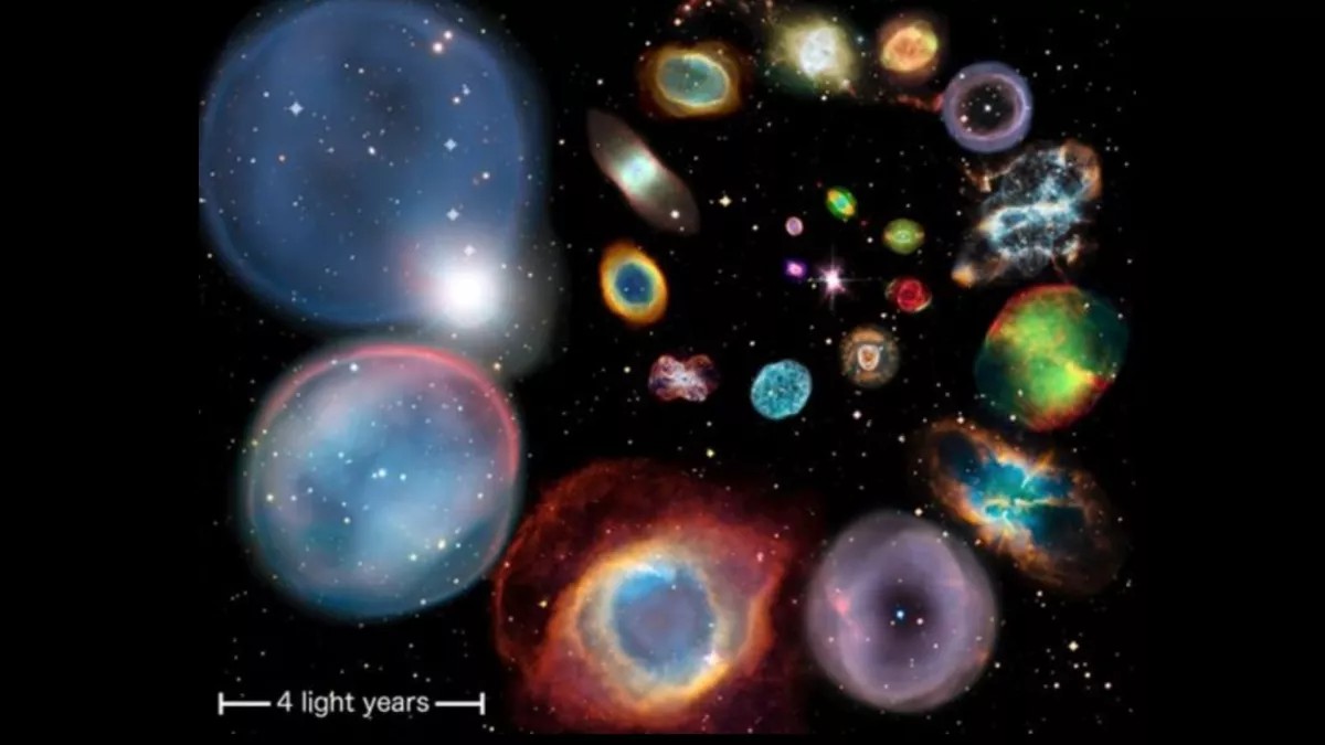 An illustration shows 22 planetary nebula arranged according to size