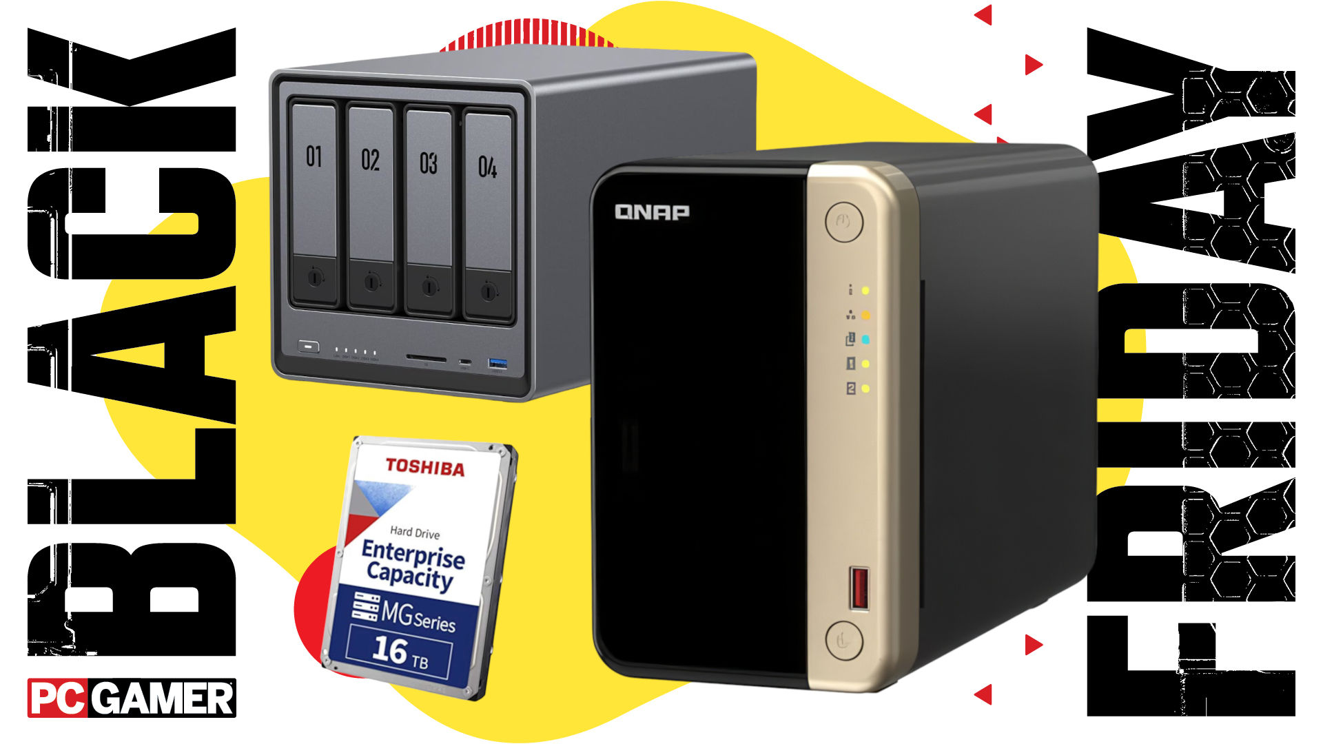 An image showing a collage of two NAS units from Qnap and Ugreen, plus a Toshiba HDD, against a colorful background with a set of PC Gamer and Black Friday logos on the sides