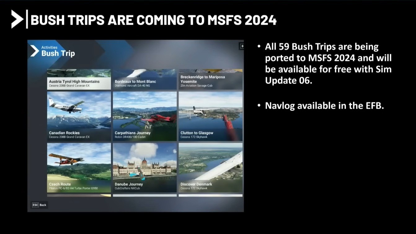 A screenshot from the Microsoft Flight Simulator 2024 presentation at FSExpo detailing Bush Trips coming with Sim Update 6.