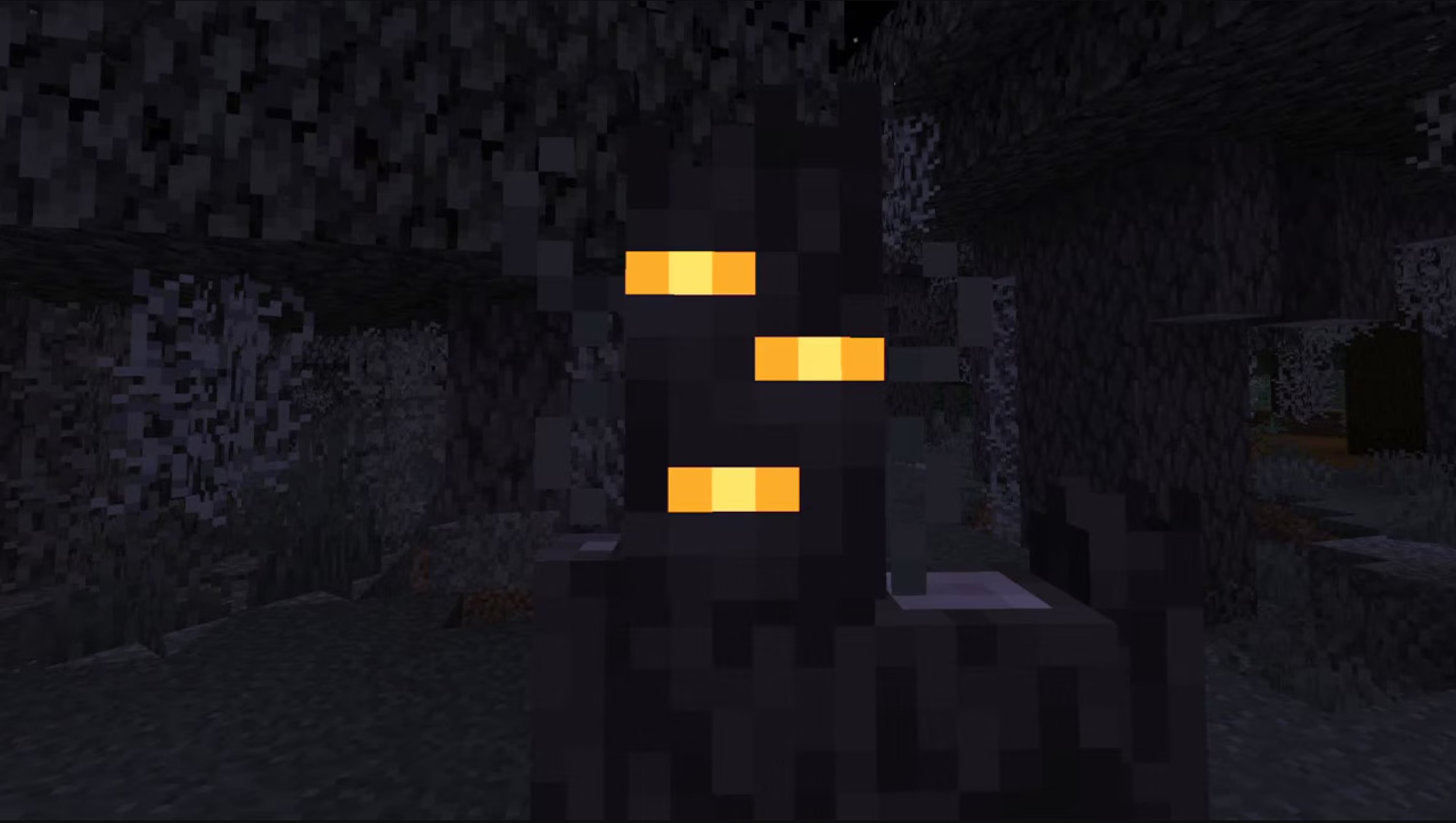 close up nighttime view of new the Creaking enemy coming to Minecraft