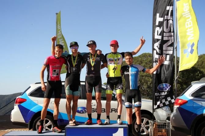 Elite men's cross country podium (L to R): Michael Crosbie (4th), Jared Graves (2nd), Cameron Ivory (3rd), Kyle Ward (5th)