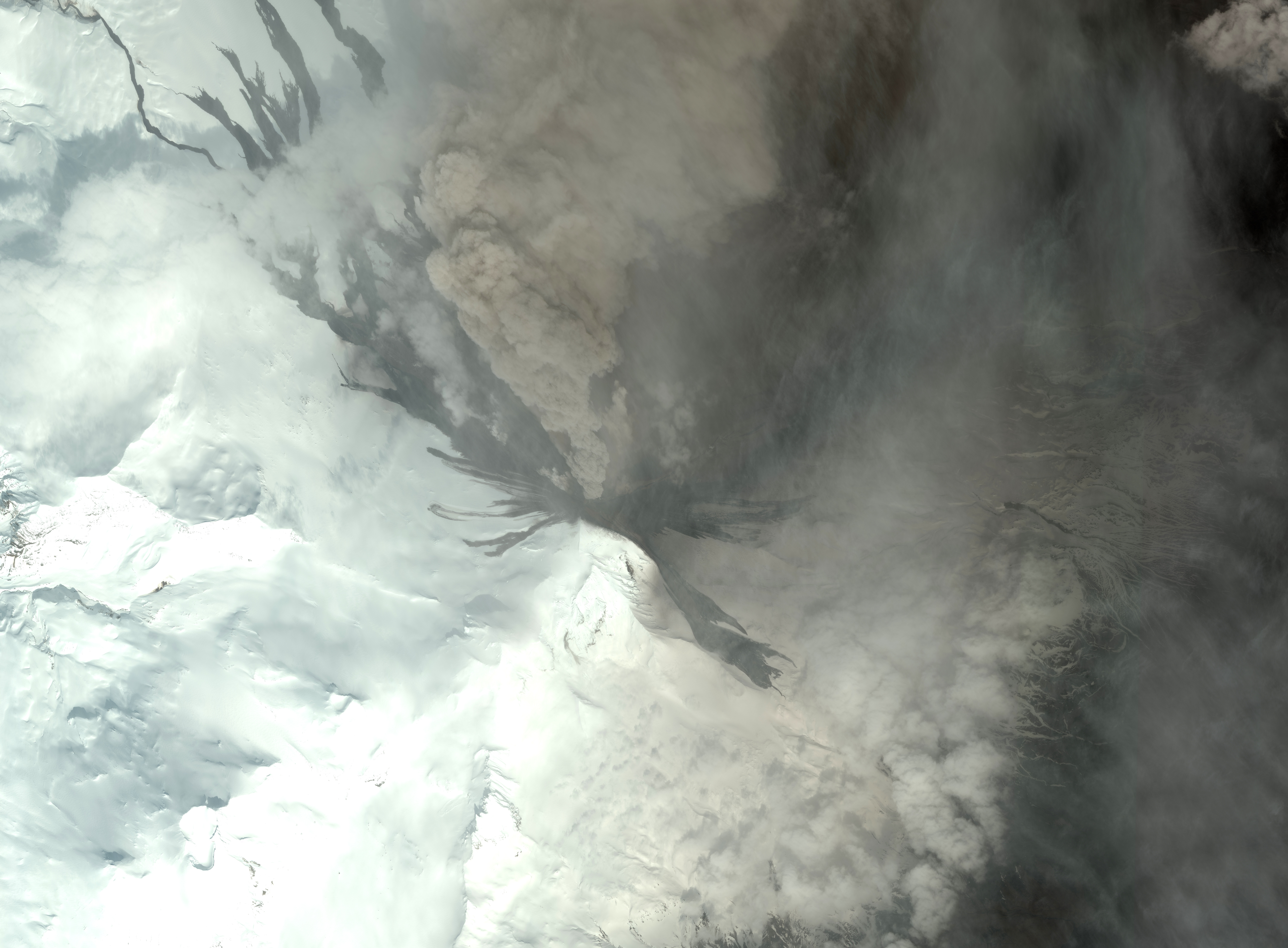 A satellite image from 2016 of Mount Pavlof's crater days before erupting.