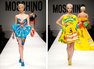 2 individual images with Female models on the runway of Moschino A/W 2014 b fashion show