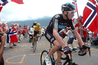 Chris Froome leads teammate Bradley Wiggins at the end of stage 17.