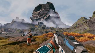 StarRupture water: A player holding a rifle looking at an alien landscape, with a large spaceship wreck in the distance.