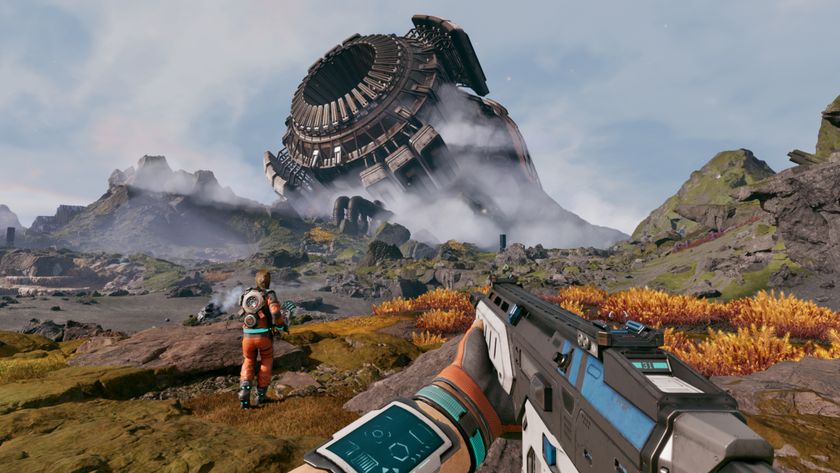 StarRupture water: A player holding a rifle looking at an alien landscape, with a large spaceship wreck in the distance.
