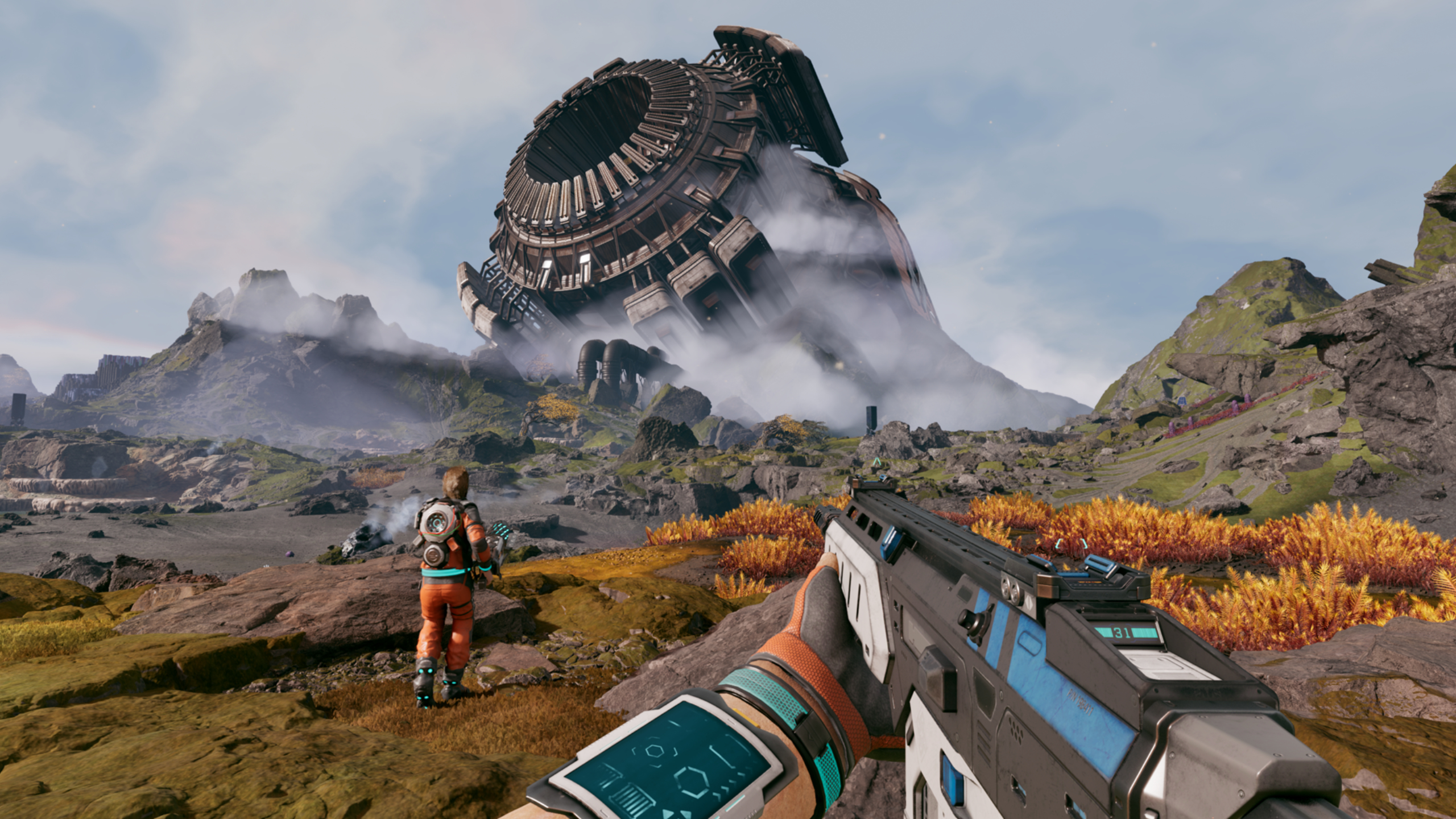 StarRupture water: A player holding a rifle looking at an alien landscape, with a large spaceship wreck in the distance.