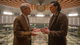 Mobius and Loki discuss important matters in a TVA dining room in Loki season 2