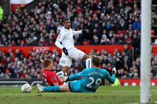 Jermaine Beckford scores the winning goal for Leeds United against Manchester United in the third round of the FA Cup at Old Trafford, January 2010