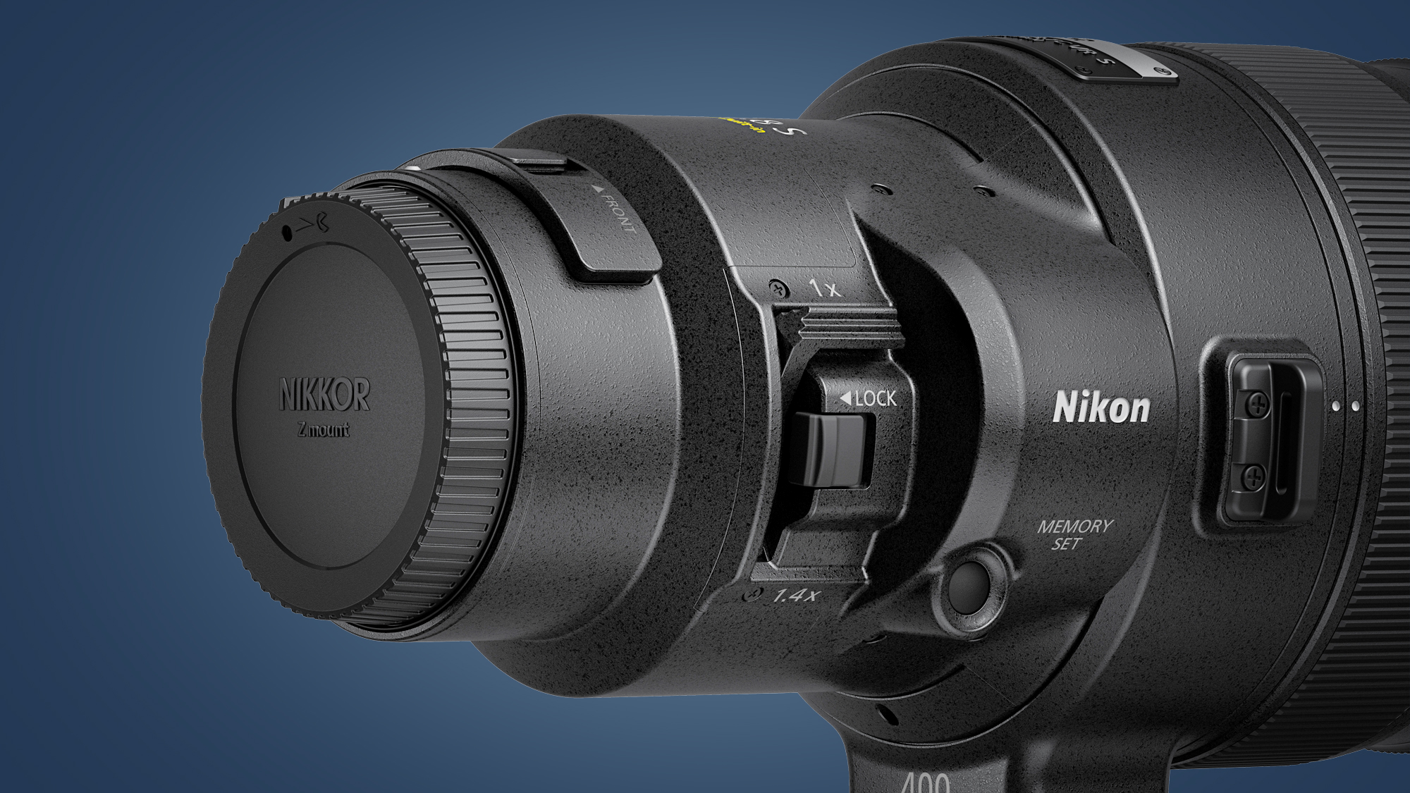 The Nikon Z 400mm f/2.8 super-telephoto lens on a blue background