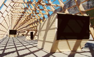 Strong shadows fall across Rintala Eggertsson’s largest pyramid structure, where Chinese artist Yang Fudong’s site-specific film is being screened across eight separate cabins