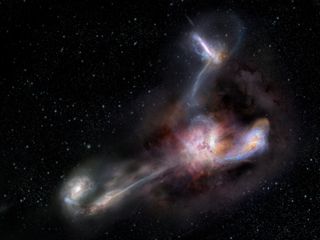 An artist's depiction of the brightest known galaxy, WISE J224607.57−052635.0, and the three companion galaxies it is stripping material from.