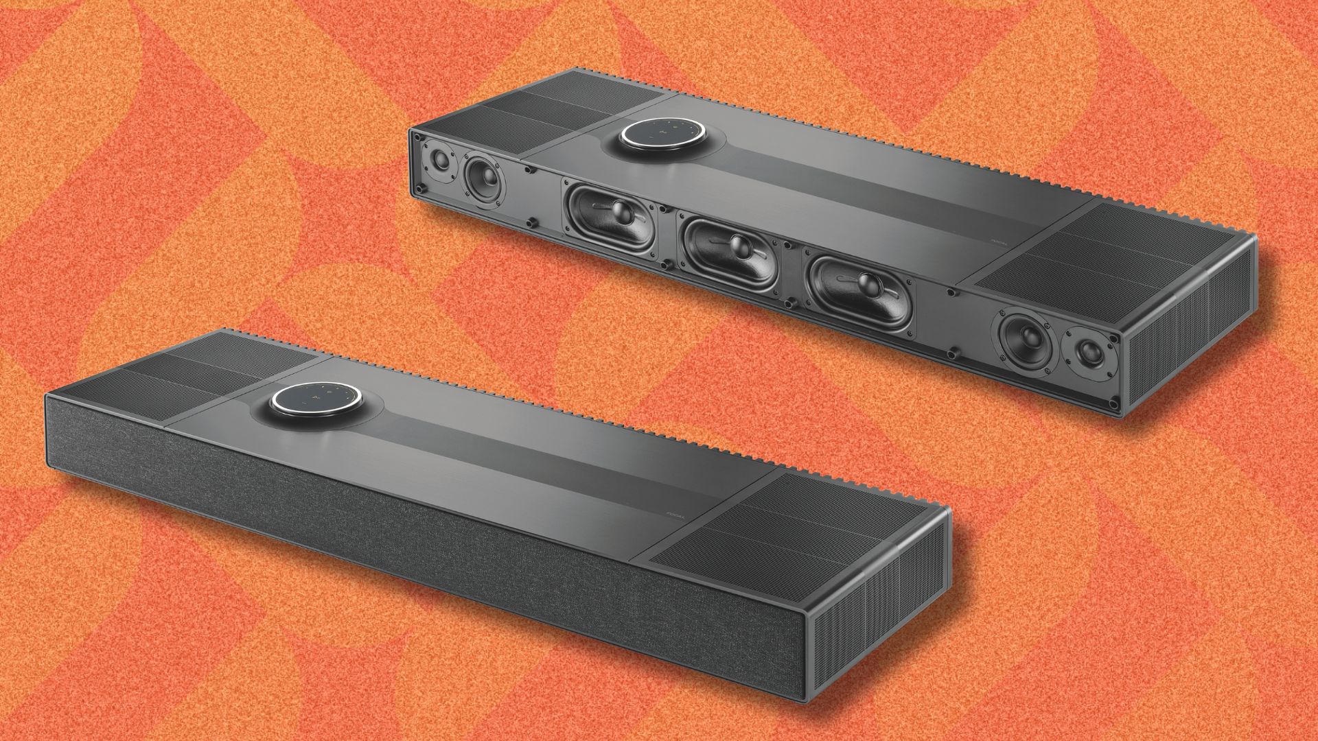 an image of the new focal soundbar against an orange patterned background