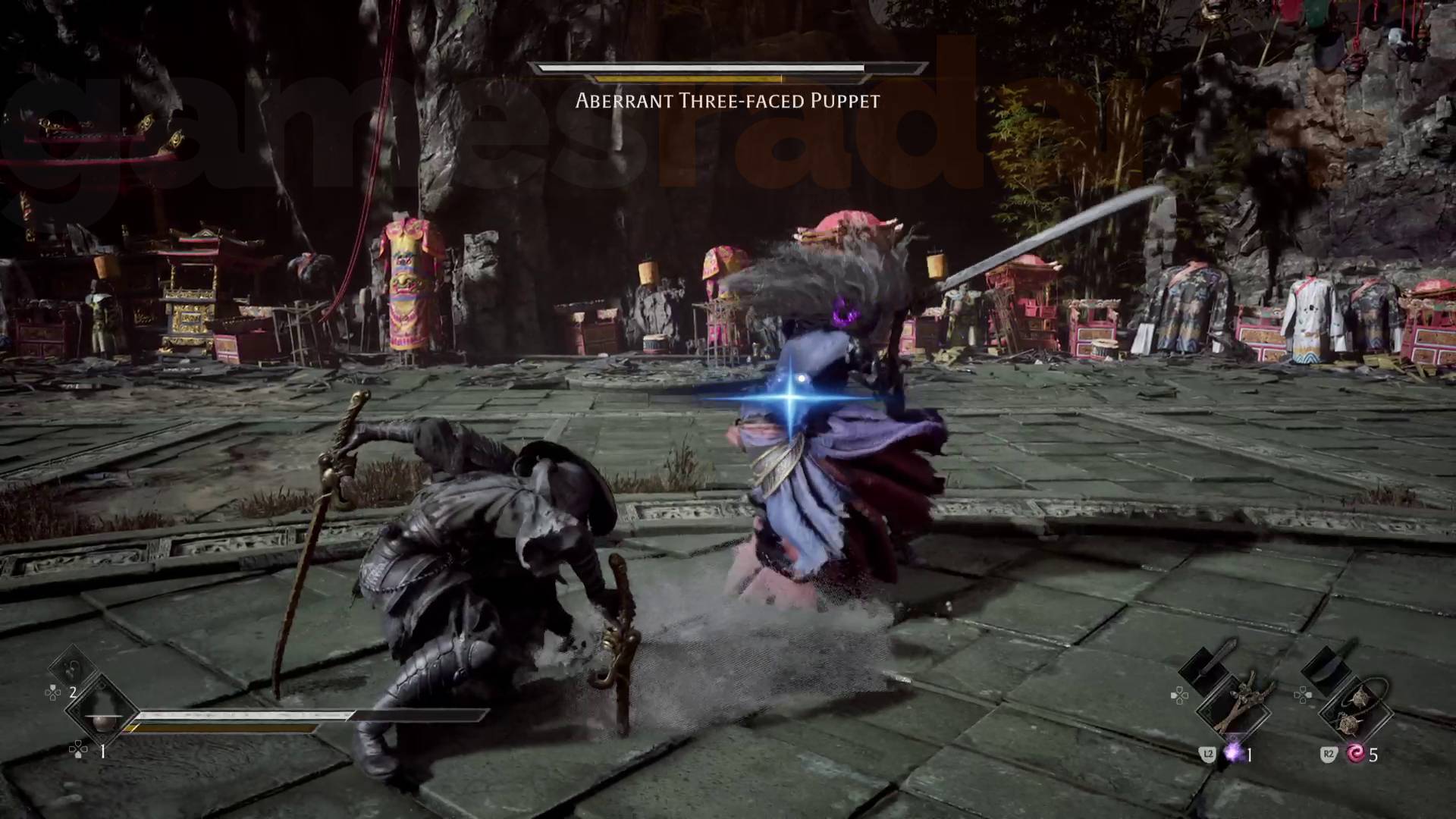 Phantom Blade Zero Soul recovering from an attack while the Three-Faced Puppet winds up another with their sword