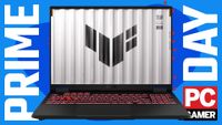 An Asus TUF Gaming A16 gaming laptop on a blue Prime Day background, with the PC Gamer badge in the bottom right