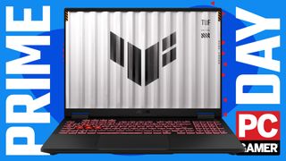 An Asus TUF Gaming A16 gaming laptop on a blue Prime Day background, with the PC Gamer badge in the bottom right
