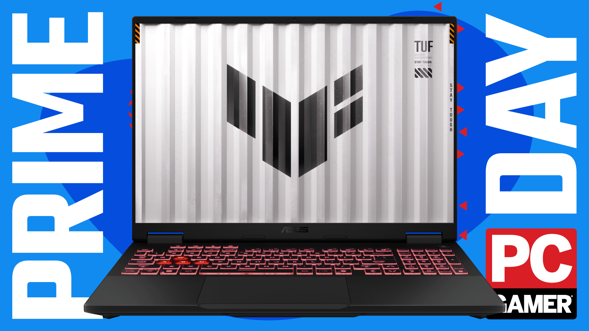 An Asus TUF Gaming A16 gaming laptop on a blue Prime Day background, with the PC Gamer badge in the bottom right
