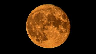 A photo of an orange hued fully illuminated moon.