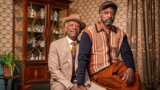 A warm, intimate photo of older Caribbean couple Barrington (Lennie James) and Morris (Ariyon Bakare) in BBC One&#039;s comedy drama Mr Loverman