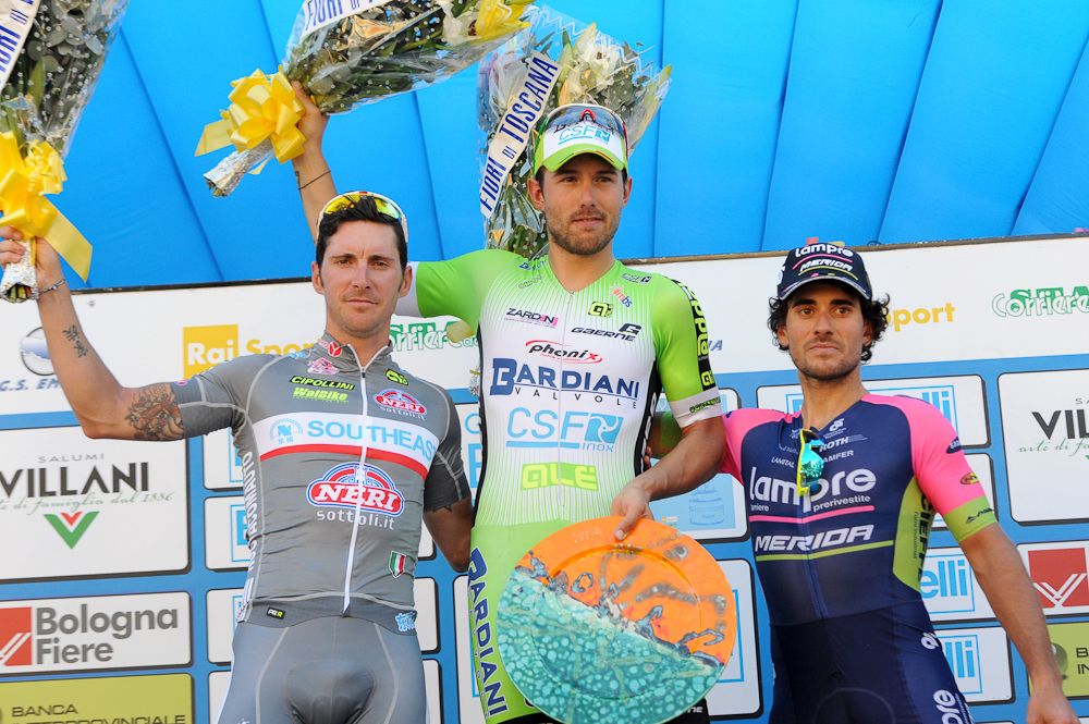 Belletti, Colbrelli and Ferrari on the GP Bruno Beghelli podium.
