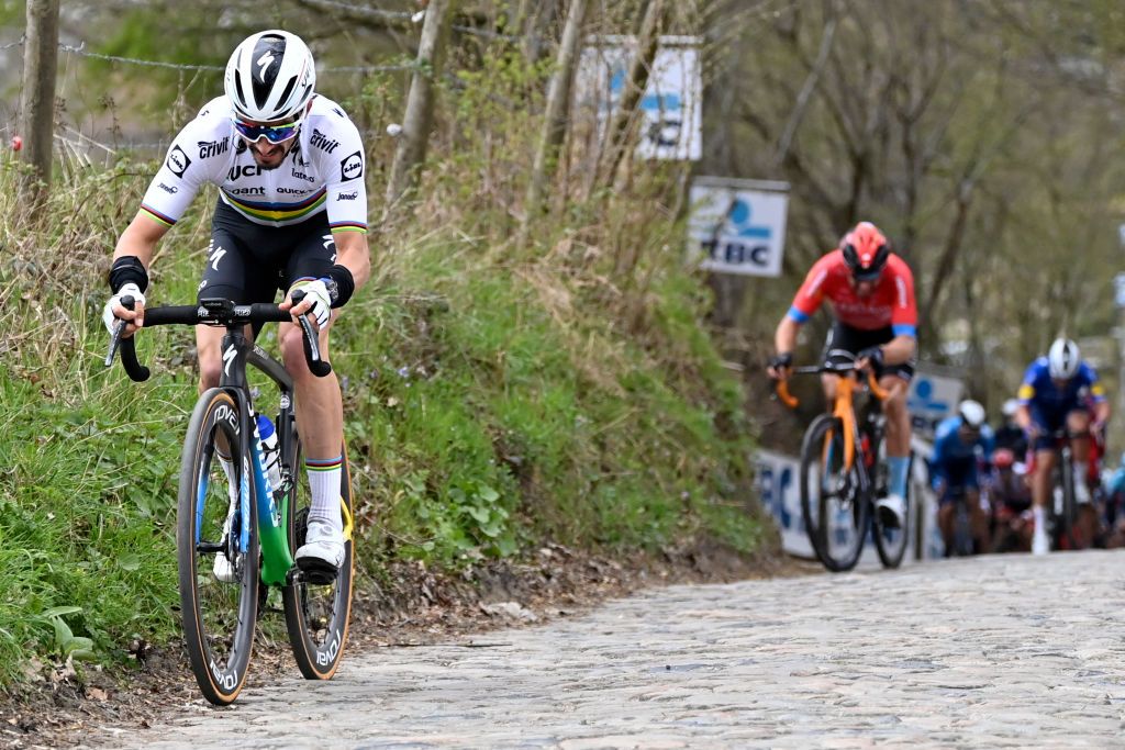 French Julian Alaphilippe of Deceuninck QuickStep pictured in action during the 105th edition of the Ronde van Vlaanderen Tour des Flandres Tour of Flanders one day cycling race 254km from Antwerp to Oudenaarde Sunday 04 April 2021 BELGA PHOTO DIRK WAEM Photo by DIRK WAEMBELGA MAGAFP via Getty Images