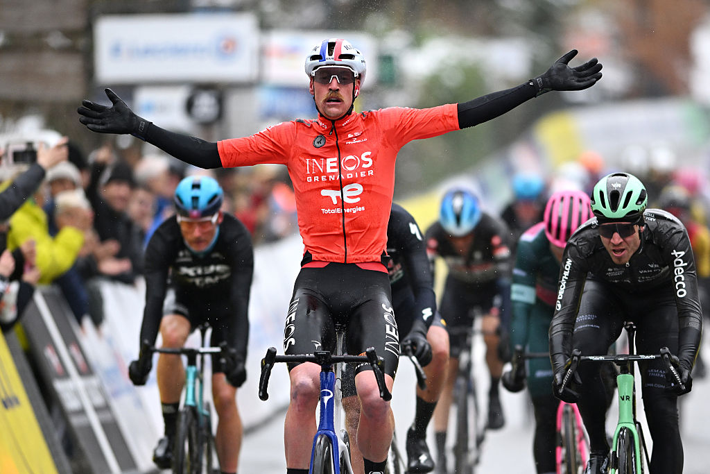 ISOLA, FRANCE - MARCH 14: Dorian Godon of France and Team INEOS Grenadiers celebrates at finish line as stage winner during the 84th Paris-Nice 2026, Stage 7 a 47km stage from Pont Louis Nucera to Isola 855m / Stage shortened due to adverse weather conditions / #UCIWT / on March 14, 2026 in Isola, France. (Photo by Szymon Gruchalski/Getty Images)