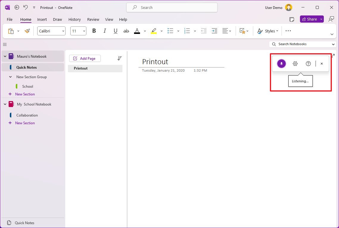 Управление диктовкой OneNote