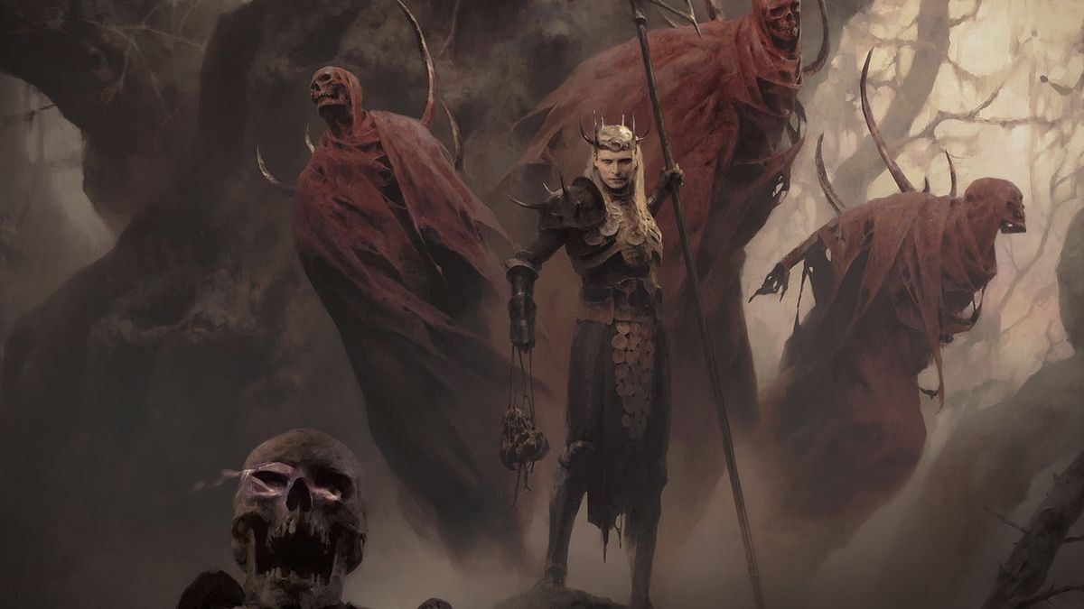 Diablo&#039;s Necromancer stands, surrounded by skeletal ghosts.