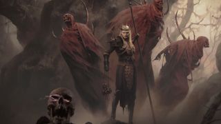 Diablo's Necromancer stands, surrounded by skeletal ghosts.