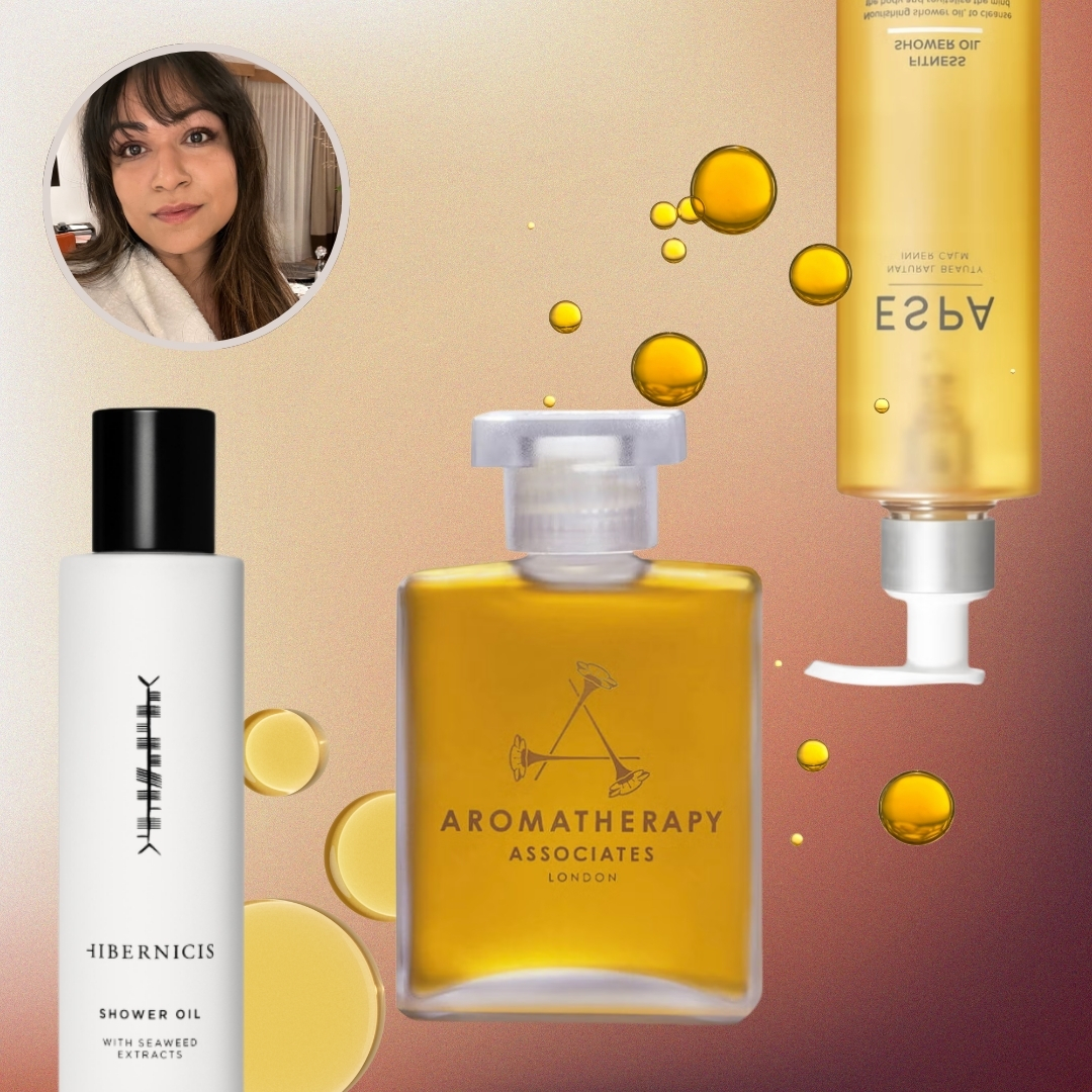 On the left is a picture of Digital Beauty Ecom Editor, Aleesha Badkar, alongside her autumn body care favourites, including the Hibernicis, Aromatherapy Associates and ESPA shower oils, on a brown, orange and cream gradient template with oil dots.