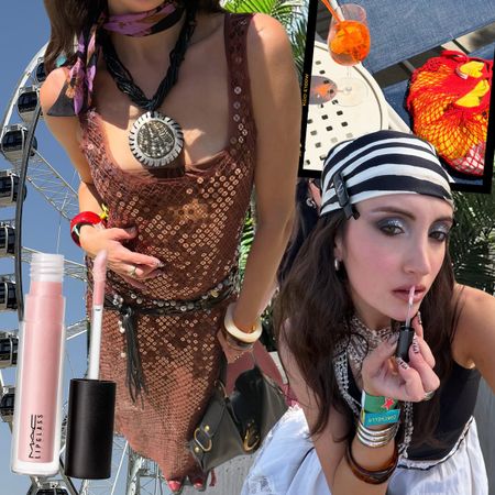 A collage of images of Who What Wear associate beauty editor Alyssa Brascia wearing different outfits and makeup looks in Miami, Palm Springs, and Los Angeles.
