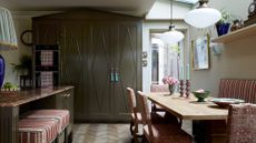 Image of floor to ceiling dark, olive green cabinetry in a red and green traditional kitchen style