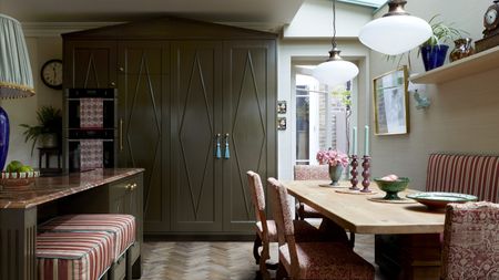 Image of floor to ceiling dark, olive green cabinetry in a red and green traditional kitchen style