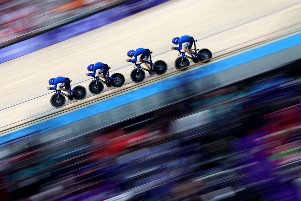 PARIS FRANCE AUGUST 05 Simone Consonni Filippo Ganna Francesco Lamon and Jonathan Milan of Team Italy compete during the Mens Team Pursuit Qualifiers on day ten of the Olympic Games Paris 2024 at SaintQuentinenYvelines Velodrome on August 05 2024 in Paris France Photo by Jared C TiltonGetty Images